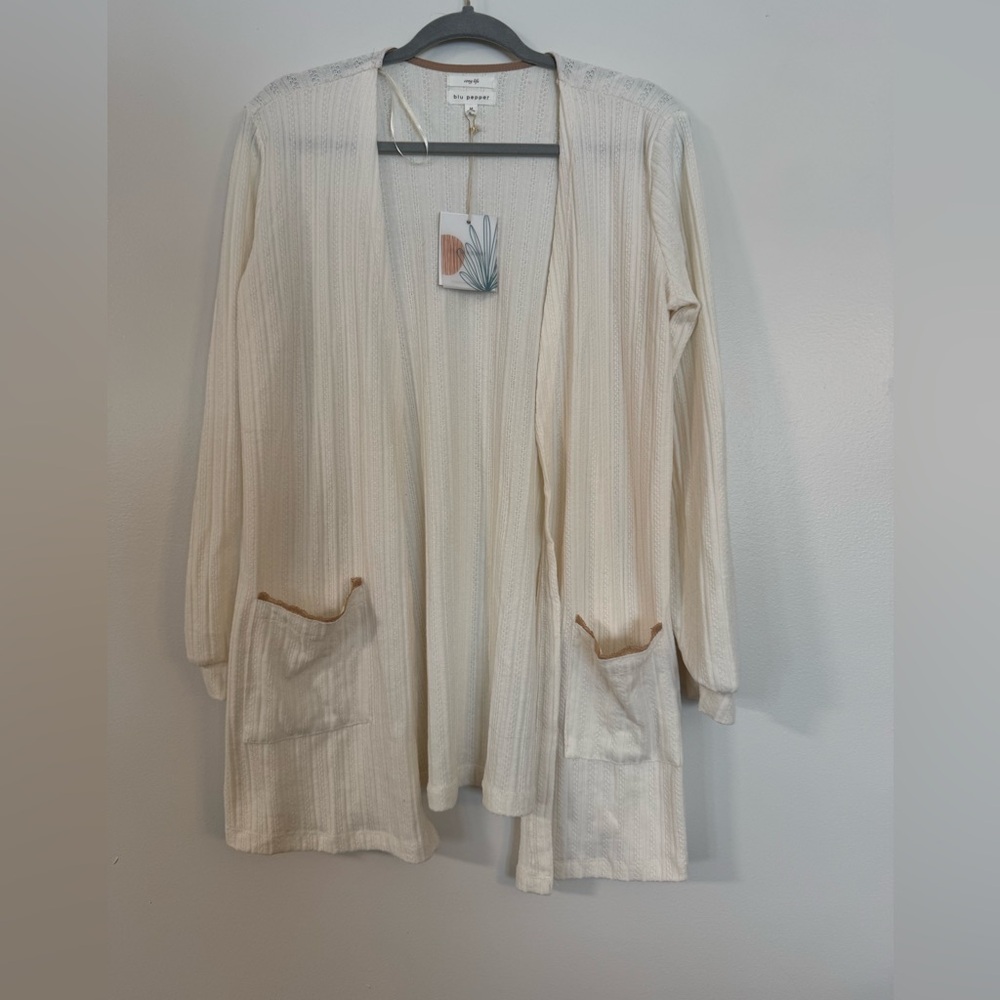 Blu Pepper Ivory Open-Front Cardigan with Lace Trim NWT